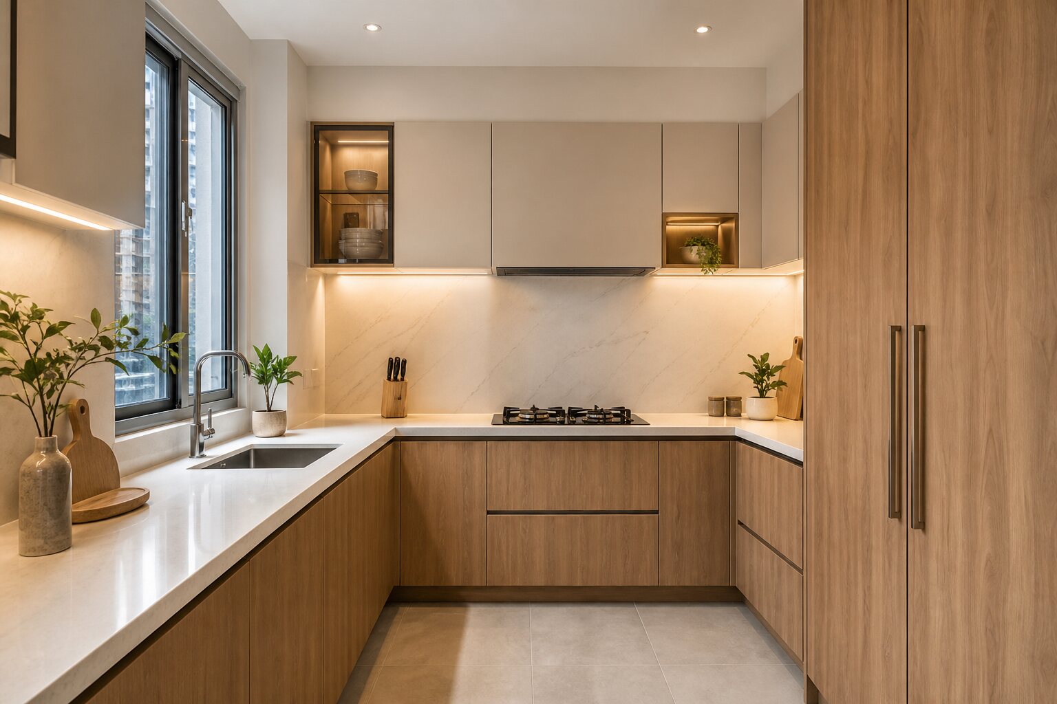 Compact modular kitchen with organized storage and clear work zones