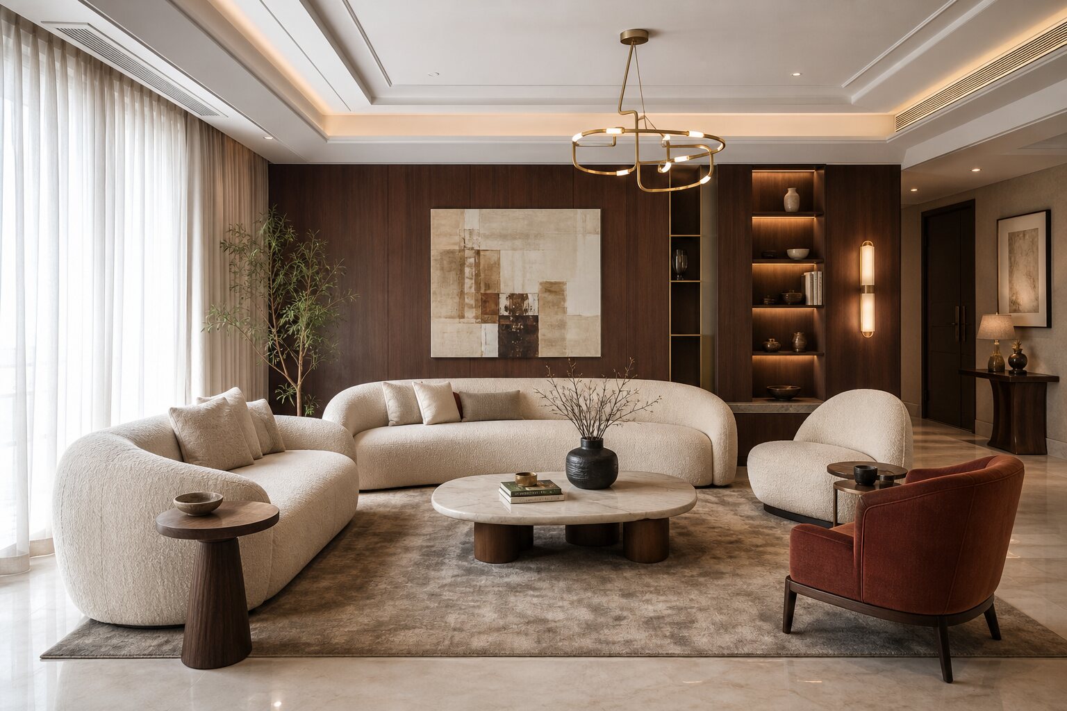 Complete living room interior with coordinated furniture and finishes